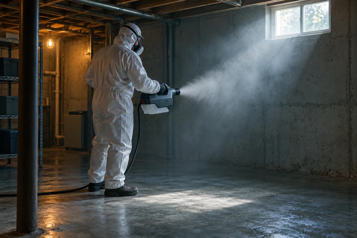 Remediation technician running a dry-fog machine in an empty basement