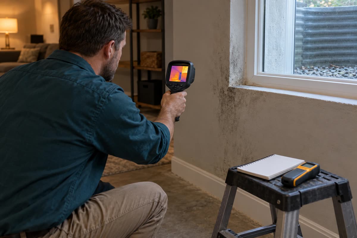 Mold inspector pointing a thermal camera at a basement wall
