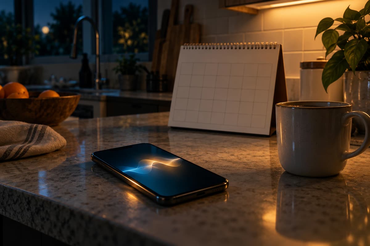 Smartphone glowing with an incoming call on a kitchen counter at night