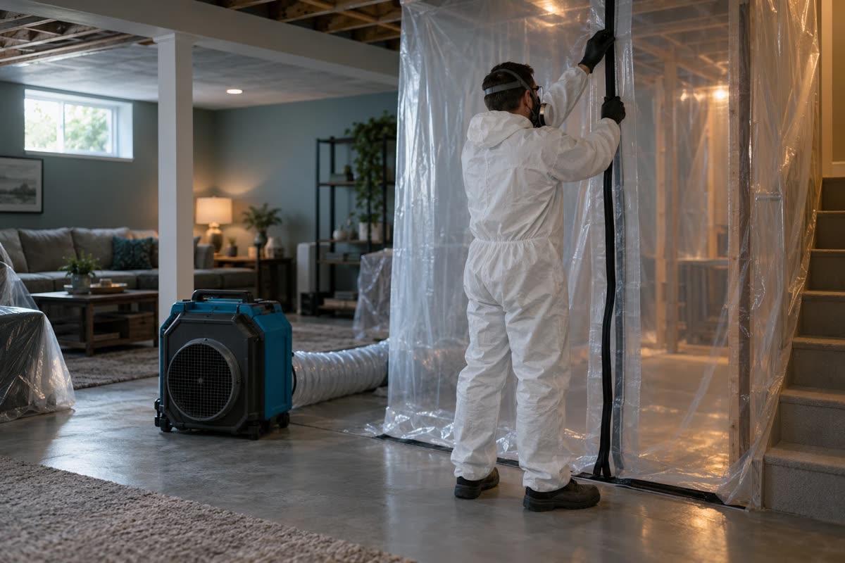 Mold remediation technician in protective gear setting up plastic containment in a basement